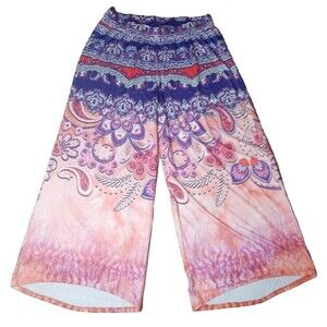 One World Women's Hippie Pallazzo Pants Orange Bohemian Elastic Waist Wide Leg M